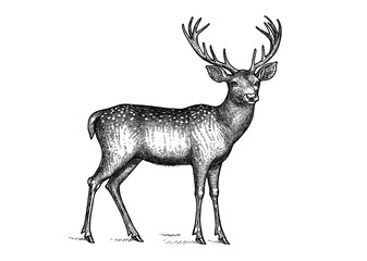 Deer fawn. Vintage retro print, black white deer fawn sketch ink pencil style drawing, engrave old school. Sketch artwork silhouette reindeer, fawn. Side view profile. Illustration