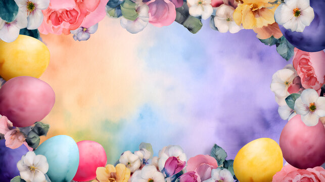 Whimsical watercolor background with colorful balloons and floral border