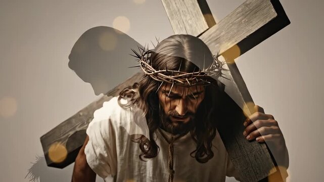 Man carrying cross and wearing crown of thorns. Jesus Christ concept for good friday or easter. Christian gospel. - Powered by Adobe