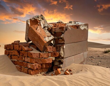 Ruined brick structure buried in desert sands under a dramatic sunset sky