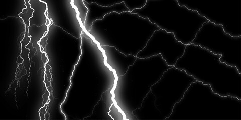 Dramatic Electric Lightning Strikes Abstract Pattern on Black Background.Lightning Effect Overlay, Isolated Electric Thunderstorm Bolt Strikes on Dark Night Sky Background.

