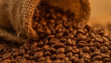 Photorealistic macro shot of roasted coffee beans spilling from a burlap sack with warm natural lighting