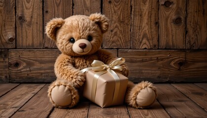 Obraz premium Plush Teddy Bear with Gift Wooden Floor Scene