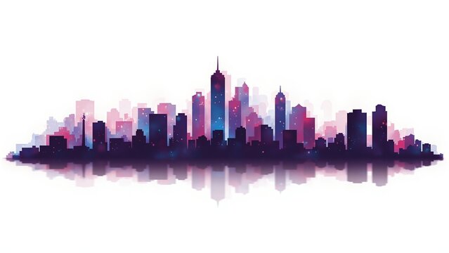 Flat silhouette of a futuristic neon cityscape, isolated on transparent background