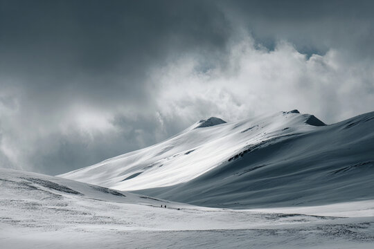 Rolling winter hills covered in wind-shaped snow patterns, dramatic clouds above, natural minimalism, ultra sharp details