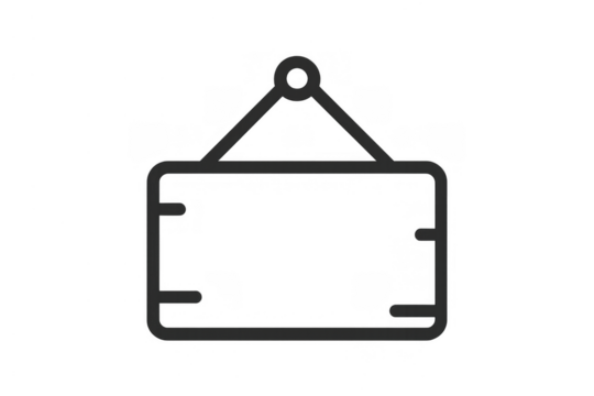Hanging sign outline icon presenting an empty rectangular area, ideal for custom text or graphics. Transparent background