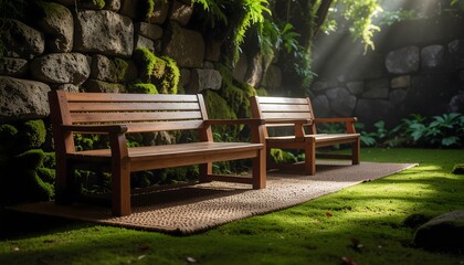 Obraz premium Wooden benches placed on soft mossy ground high resolution photo