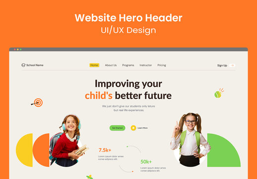 Modern School Education Website Hero Header Landing Page Template for Children Learning Programs