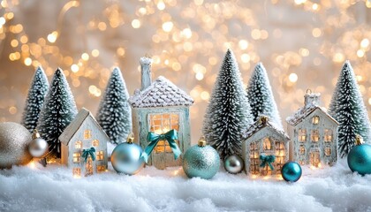 Miniature snowy village setting features illuminated ceramic houses among bottle brush evergreen trees and holiday ornaments