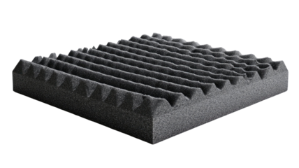 An acoustic foam panel stands vertically highlighting deep sound absorbing texture and professional studio quality on white background