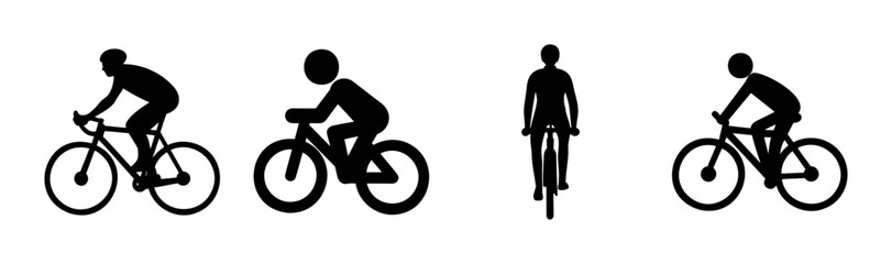 Set of black silhouette bicycle riders on a plain background