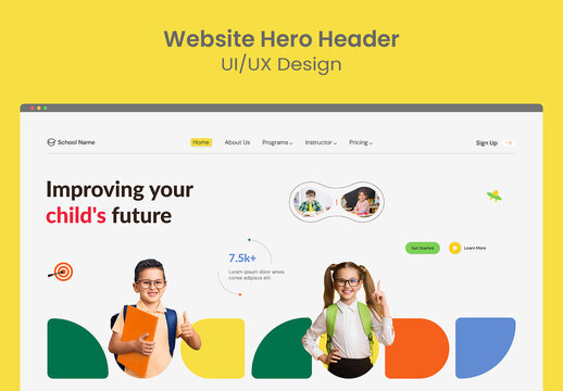 Modern School Hero Header Landing Page Template for Kids Education Website Design