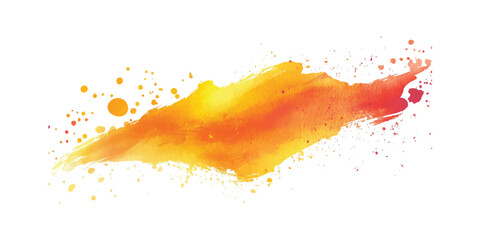 Vibrant orange and yellow watercolor brush stroke with scattered paint splatters on a white background © Pixel Park