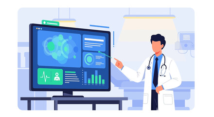 Doctor Explains Medical Data on Screen Representing Advanced Healthcare Technology Solution