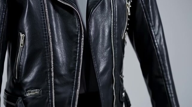 Close-up of a black leather jacket with zippers, snaps, and white shirt visible inside