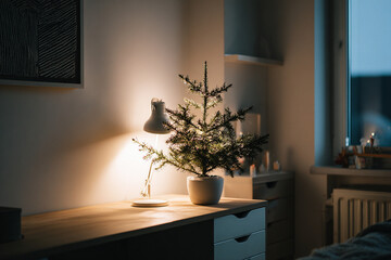 Simple Christmas tree, warm desk lamp, soft winter light, clean workspace holiday vibe