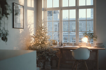Simple Christmas tree, warm desk lamp, soft winter light, clean workspace holiday vibe