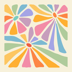 Hand drawn abstract flowers with colorful petals in rainbow of colors. Cutout shape of botanical petals. Organic abstraction. Modern poster for interior design, decor, poster or banner.