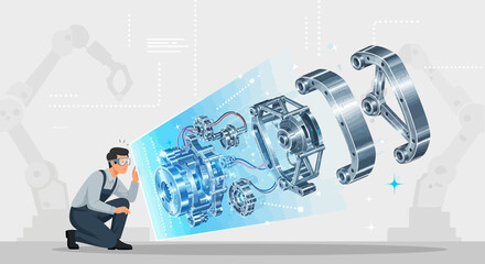 Engineer inspecting a futuristic engine design in a holographic projection display