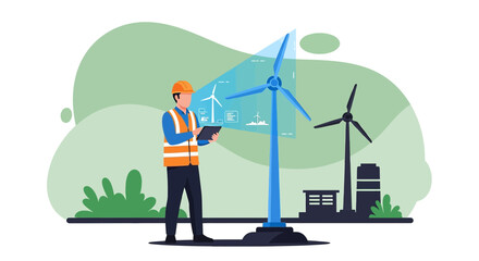 Engineer using tablet with wind turbine holographic display for renewable energy maintenance