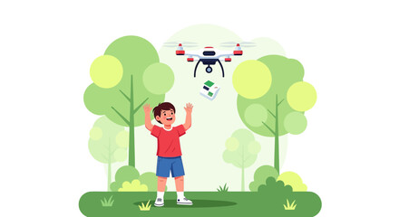 Excited boy receiving a package delivered by a modern drone in a park with trees illustrating