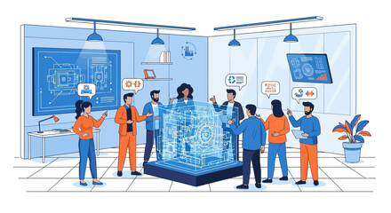 Engineering Team Discussing a Holographic Prototype of a Complex Machinery Component