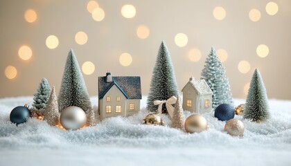 Miniature winter village scene features frosted evergreen trees and glowing ceramic houses nestled in artificial snow.