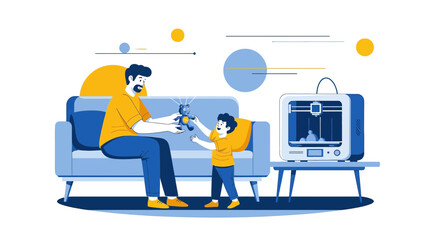 Father and son spending quality time together while 3d printing a teddy bear for the boy