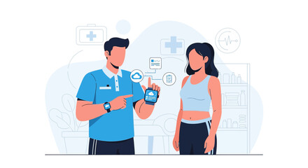 Fitness coach showing data on smartwatch to female client for wellness insights illustration