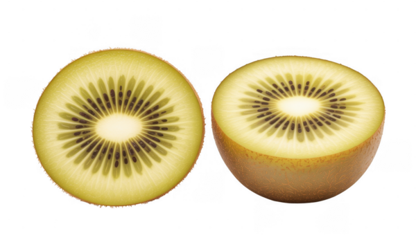 Two golden kiwi halves isolated on a transparent background