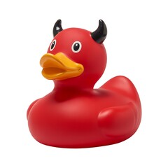 Red devil rubber duck with horns on white background