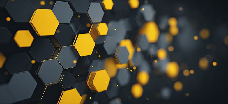 3D honeycomb structure with yellow & gray hexagonal cells, abstract background - Powered by Adobe