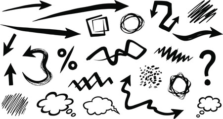 Hand drawn doodle set with arrows, speech bubbles, and symbols isolated on white background