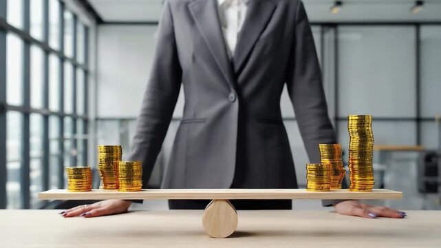 Businesswoman evaluates financial balance using golden coins on a scale, showcasing analytical skills, camera zooms in gradually