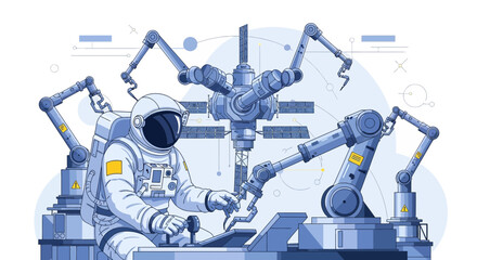 Futuristic astronaut operating robotic arms for space station construction and repair operations