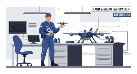 Futuristic defense laboratory with engineer inspecting sophisticated drones in a high-tech setting