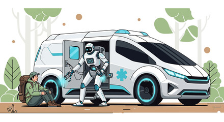 Futuristic healthcare: Robot paramedic assisting a hiker in a serene woodland setting near