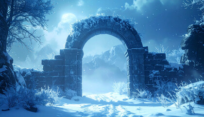 Ancient stone archway in snowy mystical landscape, magical winter scenery with ethereal atmosphere