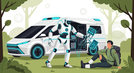 Futuristic healthcare: Robot paramedic assisting injured hiker with ambulance in serene forest