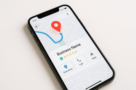 Smartphone displaying a map application with a business location marked, showcasing mobile navigation and local search, isolated on white background