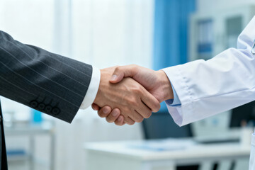 Businessman handshake gesture shows gratitude and appreciation to doctor for successful partnership and deal
