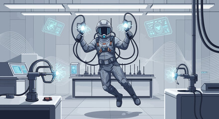 Futuristic laboratory scene: An astronaut in a high-tech lab experimenting with advanced technology