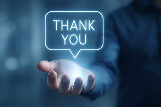 Businessman hand gesture shows gratitude and appreciation. digital thank you message with glowing blue light concept