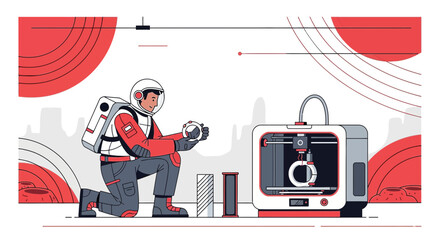 Futuristic mars mission: Astronaut using 3D printer to create objects for space colonization