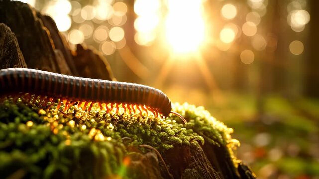 The millipede crawls over the vibrant moss, illuminated by the warm glow of the morning sunlight. This millipede explores the lush moss in a tranquil forest setting, reflecting nat