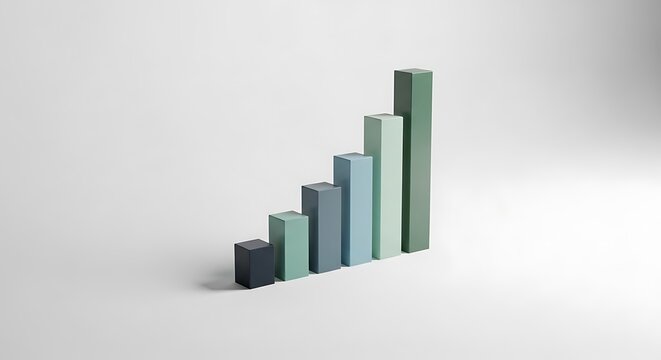 A bar graph showing growth and progress with ascending bars in shades of green and blue, representing data visualization and statistical analysis isolated on white background