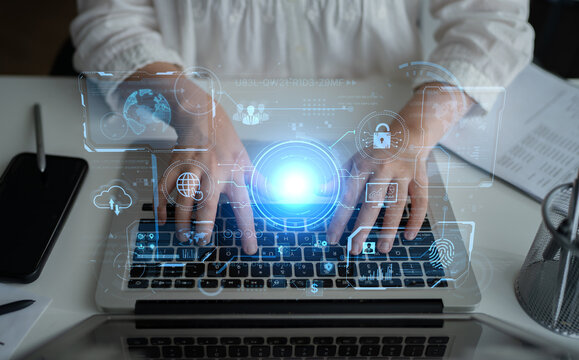 A futuristic command center interface for managing a global technology platform. The dashboard includes data security, network administration, and biometric user authentication. Fermion