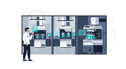 Futuristic technician interacting with advanced machinery in a clean laboratory environment