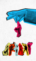 Bright collage of large blue hand lifting confident businesswoman above lively group. Concept of...