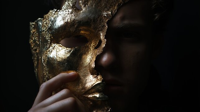 Man holding a half-broken golden mask near his face in dramatic low light, symbolizing identity, deception and inner conflict on a dark background